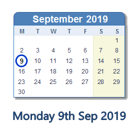 9 September 2019 calendar