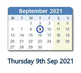 9 September 2021 calendar