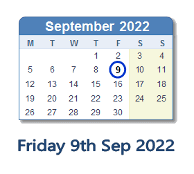 9 September 2022 calendar