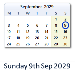 9 September 2029 calendar