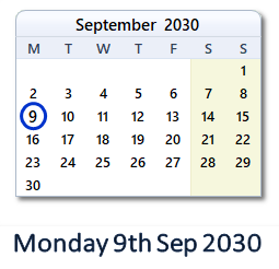 9 September 2030 calendar