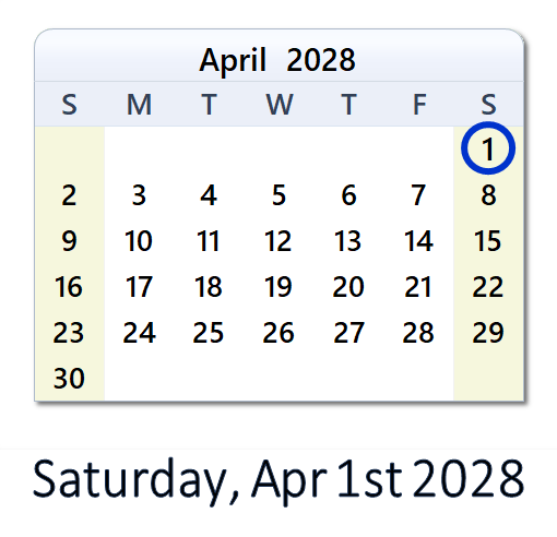 April 1, 2028 Calendar with Holidays & Count Down - USA