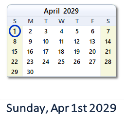 April 1, 2029 calendar