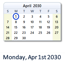 April 1, 2030 calendar