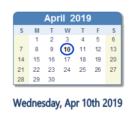 April 10, 2019 calendar