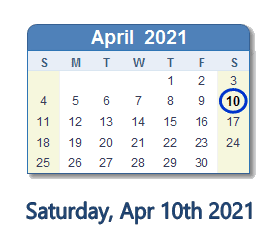 April 10, 2021 calendar