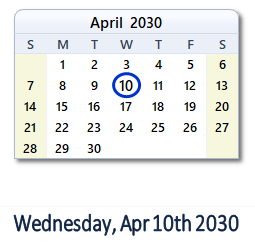 April 10, 2030 calendar