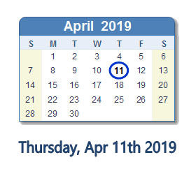 April 11, 2019 calendar