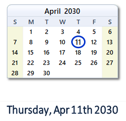 April 11, 2030 calendar