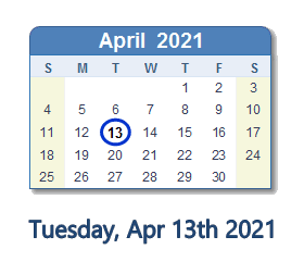 April 13, 2021 calendar