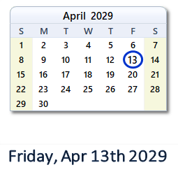 April 13, 2029 calendar