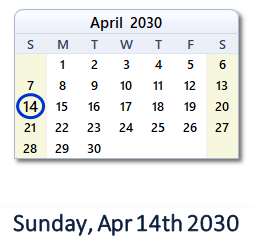 April 14, 2030 calendar