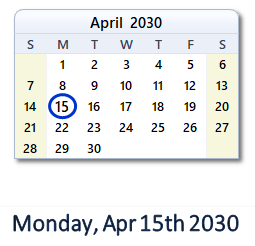 April 15, 2030 calendar