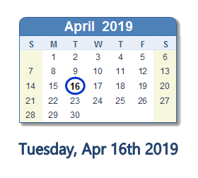 April 16, 2019 calendar