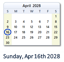 April 16, 2028 calendar