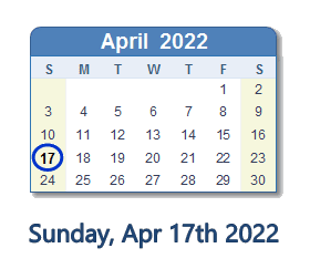 17 April 2022 calendar