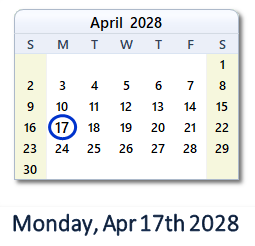 April 17, 2028 calendar