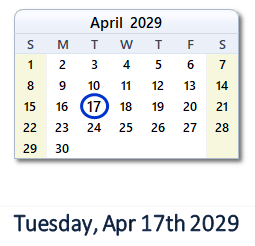 April 17, 2029 calendar