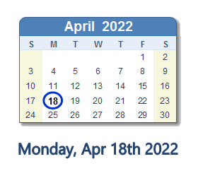 18 April 2022 calendar