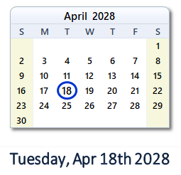 April 18, 2028 calendar