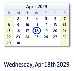 April 18, 2029 calendar
