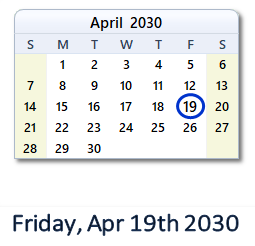 April 19, 2030 calendar