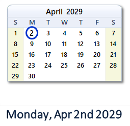April 2, 2029 calendar
