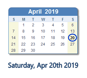 April 20, 2019 calendar