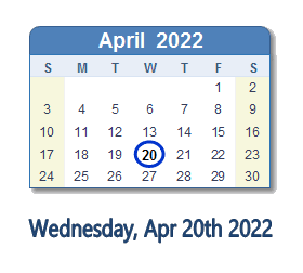 20 April 2022 calendar