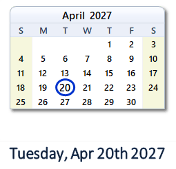 20 April 2027 calendar