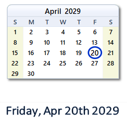 April 20, 2029 calendar
