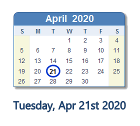 April 21, 2020 calendar