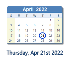 21 April 2022 calendar