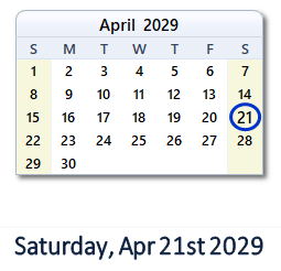 April 21, 2029 calendar
