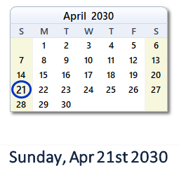 April 21, 2030 calendar