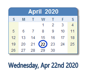 April 22, 2020 calendar