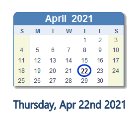22 April 2021 calendar