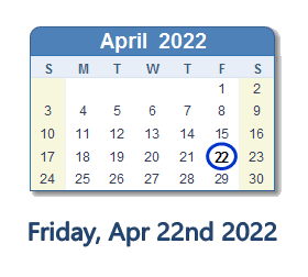 22 April 2022 calendar