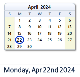 22 April 2024 calendar