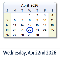 22 April 2026 calendar