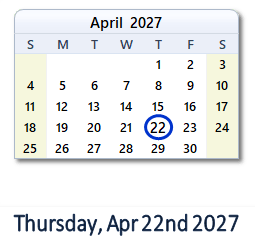 22 April 2027 calendar