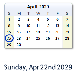 April 22, 2029 calendar