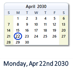 April 22, 2030 calendar