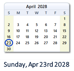 April 23, 2028 calendar