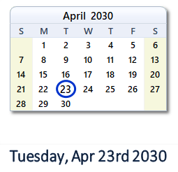 April 23, 2030 calendar