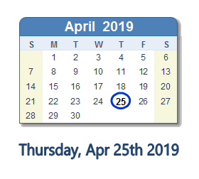 April 25, 2019 calendar