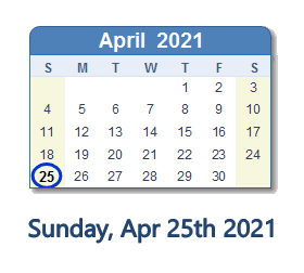 April 25, 2021 calendar