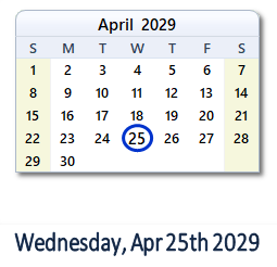April 25, 2029 calendar