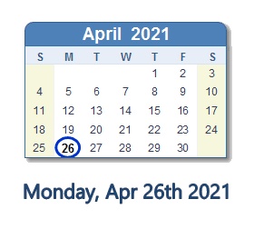 April 26, 2021 calendar