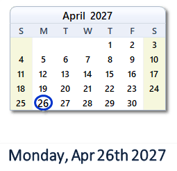 26 April 2027 calendar